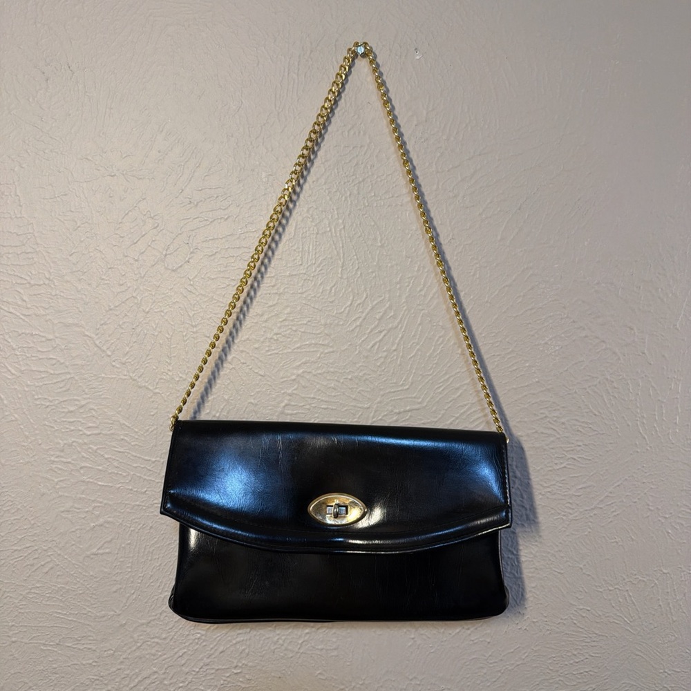 Classic Black Patent Leather Shoulder Bag with Gold Chain